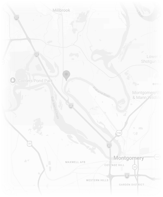 Map showing the location of Roses RV River Resort in Millbrook, Alabama near Montgomery